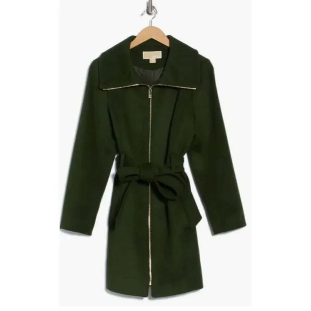 Michael Kors Womens Green Wool Blend Full Zip Belt Mid Length Pea Coat Sz XL New
